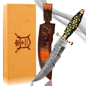 Handcrafted Damascus Steel Zig-Zag Bowie Knife with Green Studded Grip & Snakeskin Leather Sheath