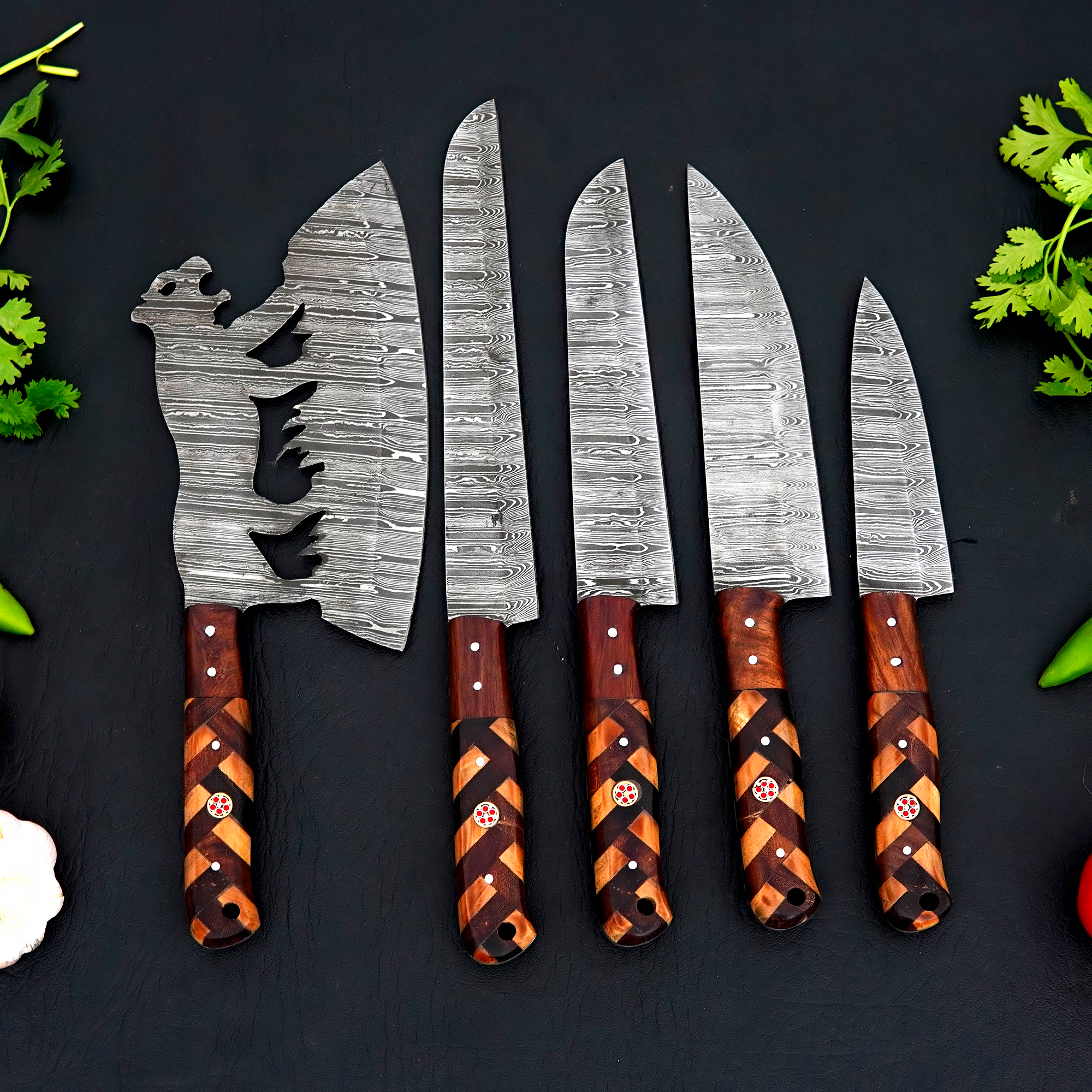 Royal Ember – 6-Piece Handmade Damascus Chef Knife Set