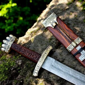 Handcrafted Medieval Viking Sword with Engraved Wooden Scabbard – Damascus Steel Blade, Celtic Guard & Pommel – Decorative Battle Sword