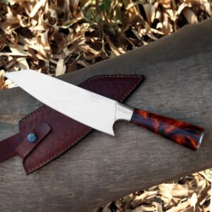 Handmade Chef Knife with Razor Sharp Stainless Steel Blade – Full Tang Kitchen Knife with Resin Handle & Leather Sheath